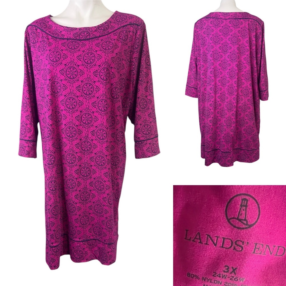 Lands End dress Womens plus size 3x Pink Magenta Navy Stretch‎ 3/4 Sleeve casual